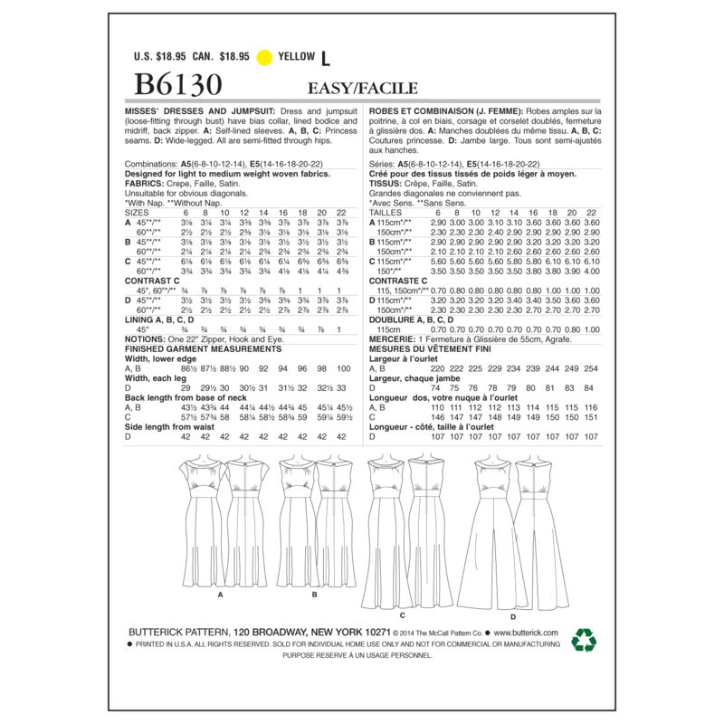 Patron Butterick 6130/A5 - Robe et combinaison