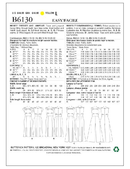 Patron Butterick 6130/A5 - Robe et combinaison
