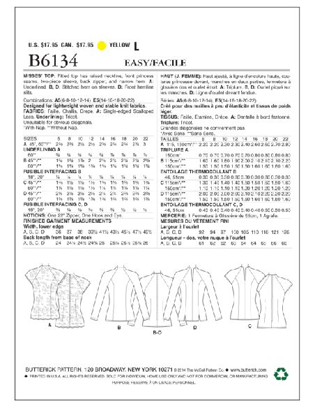 Patron Butterick 6134/A5 - Haut