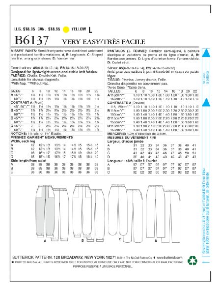 Patron Butterick 6137/A5 - Pantalon