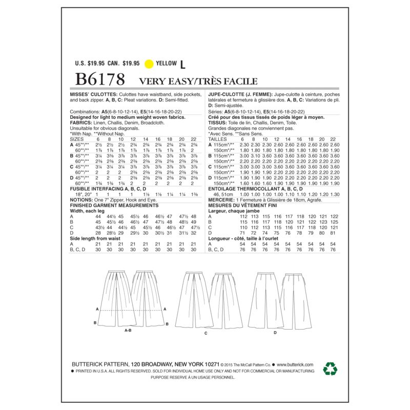 Patron Butterick 6178/A5 - Jupe-culotte