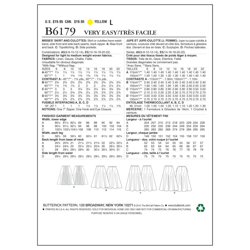 Patron Butterick 6179/A5 - Jupe et jupe-culotte