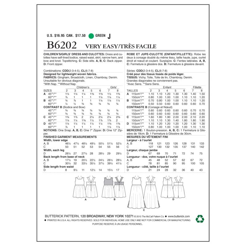 Patron Butterick 6202/CDD - Robe et jupe-culotte