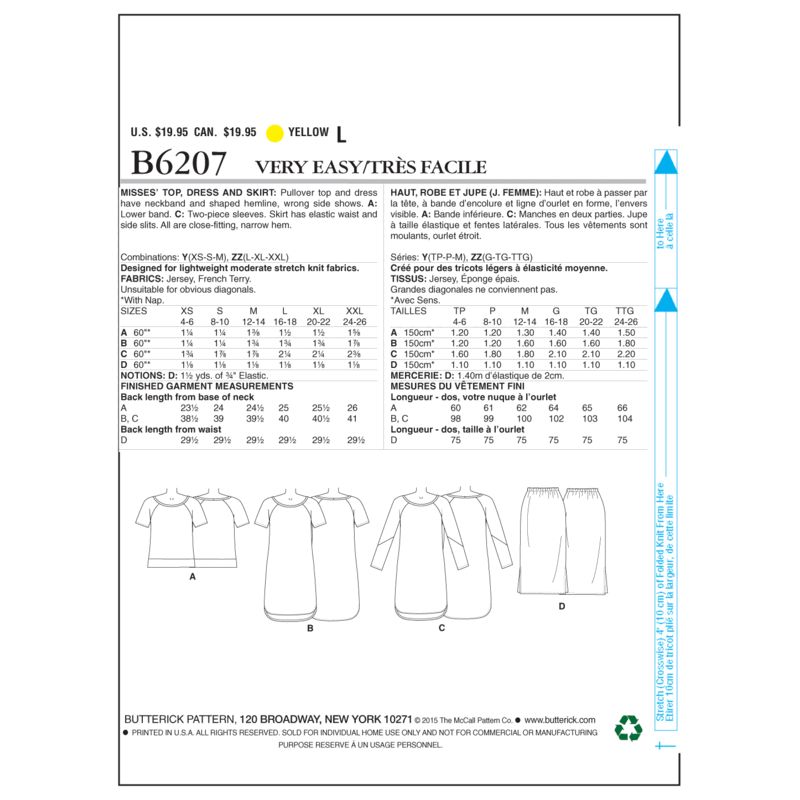 Patron Butterick 6207/Y - Haut, robe et jupe