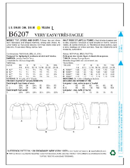Patron Butterick 6207/Y - Haut, robe et jupe
