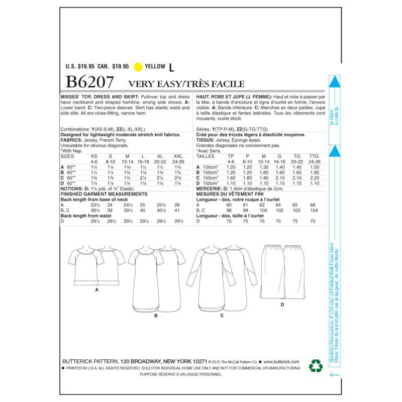 Patron Butterick 6207/Y - Haut, robe et jupe