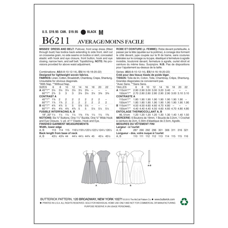 Patron Butterick 6211/A5 - Robe et ceinture