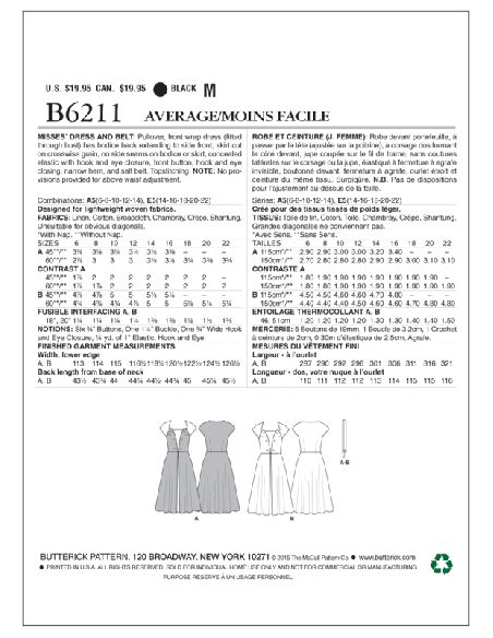 Patron Butterick 6211/A5 - Robe et ceinture