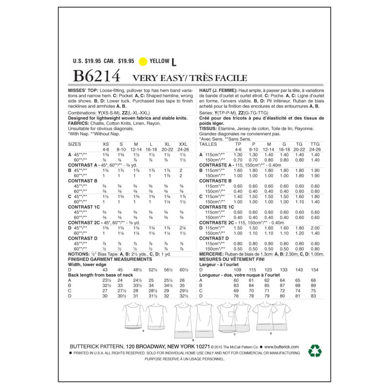 Patron Butterick 6214/Y - Haut