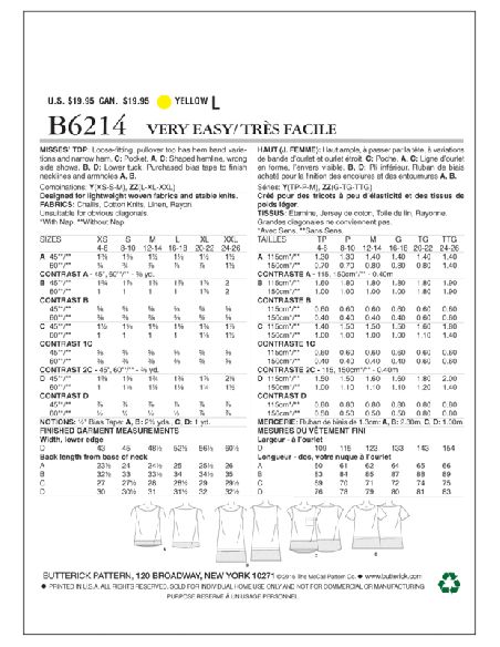 Patron Butterick 6214/Y - Haut