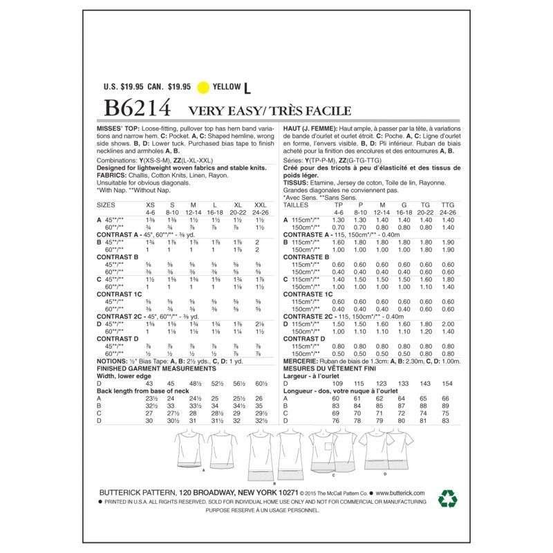 Patron Butterick 6214/Y - Haut
