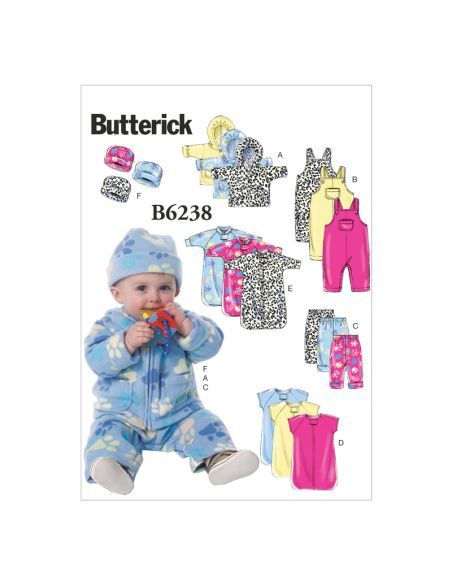 Patron Butterick 6238/YA5 - Veste, salopete, pantalon, nid d'ange et chapeau pour bébé