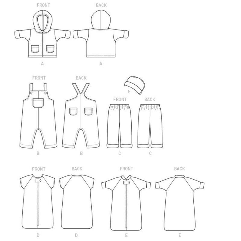 Patron Butterick 6238/YA5 - Veste, salopete, pantalon, nid d'ange et chapeau pour bébé