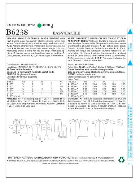 Patron Butterick 6238/YA5 - Veste, salopete, pantalon, nid d'ange et chapeau pour bébé