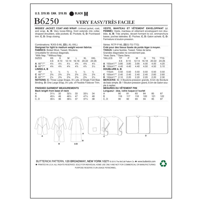 Patron Butterick 6250/Y - Veste, manteau et vêtement enveloppant