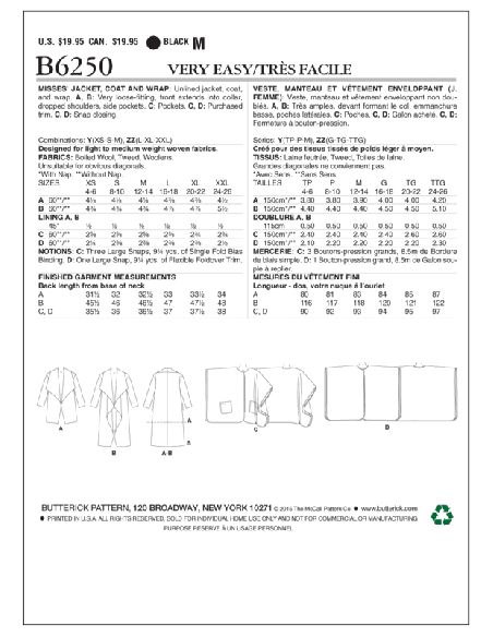 Patron Butterick 6250/Y - Veste, manteau et vêtement enveloppant