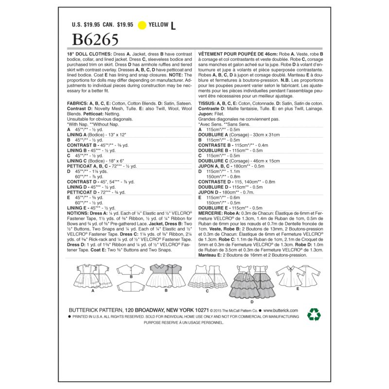 Patron Butterick 6265/OSZ - Vêtement pour poupée de 46cm
