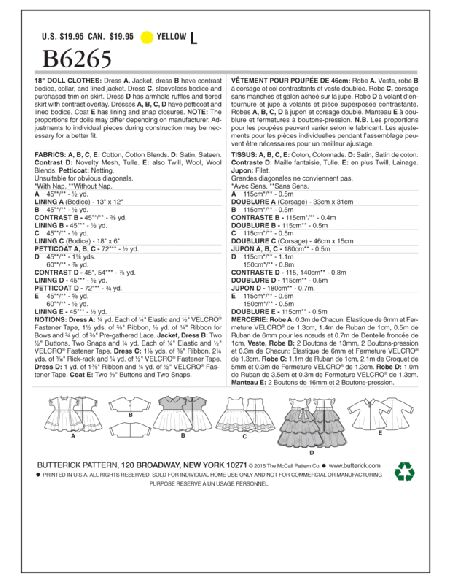 Patron Butterick 6265/OSZ - Vêtement pour poupée de 46cm