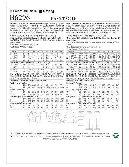 Patron Butterick 6296/A5 - Haut, short et pantalon