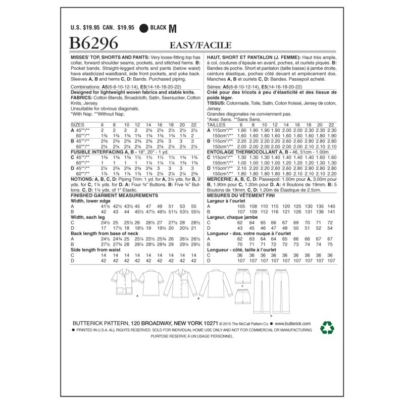 Patron Butterick 6296/A5 - Haut, short et pantalon