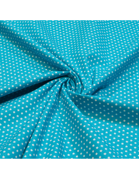 Popeline 100% coton - Étoiles blanches sur fond turquoise