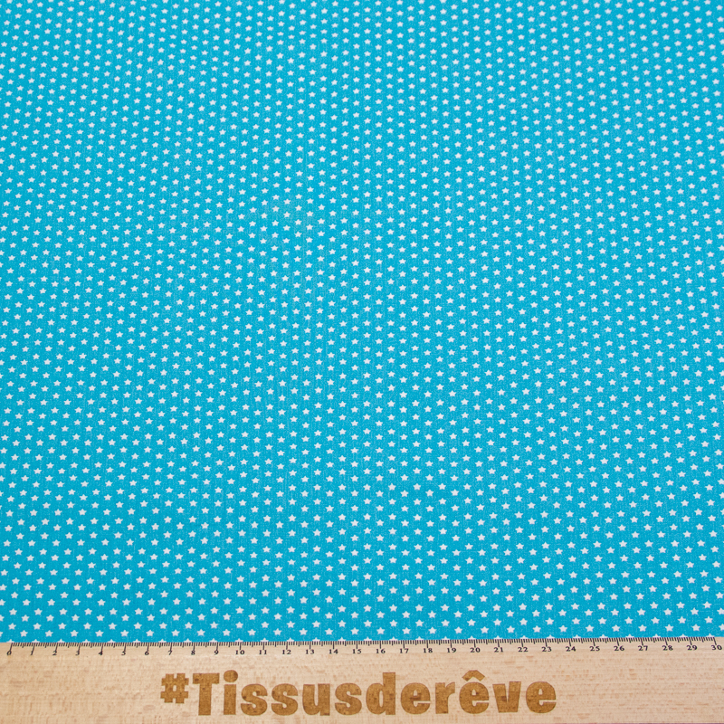 Popeline 100% coton - Étoiles blanches sur fond turquoise