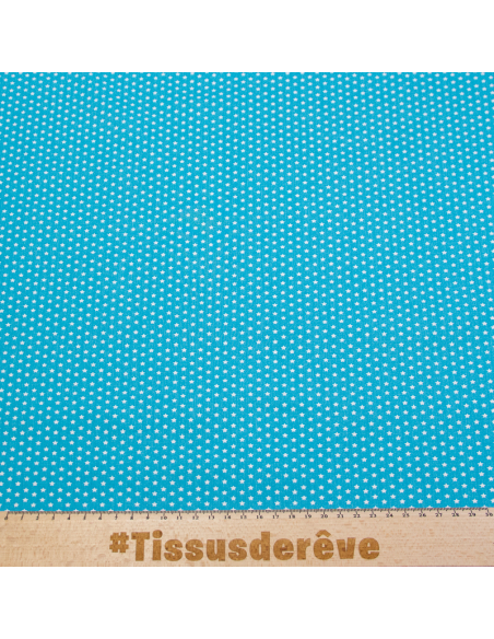 Popeline 100% coton - Étoiles blanches sur fond turquoise