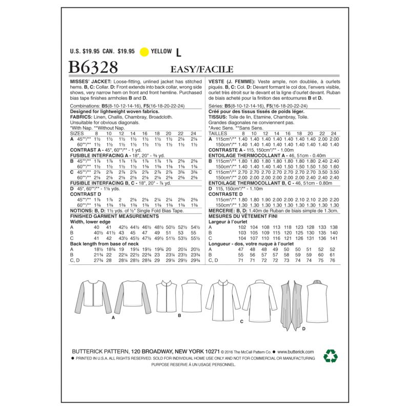 Patron Butterick 6328/B5 - Veste