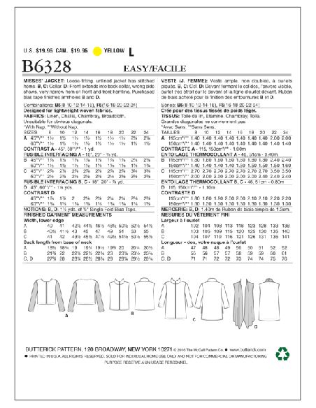Patron Butterick 6328/B5 - Veste