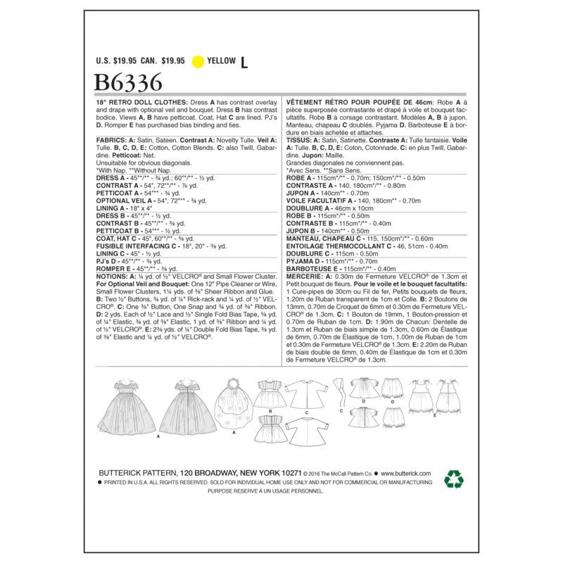Patron Butterick 6336/OSZ - Vêtement retro pour poupée de 46cm