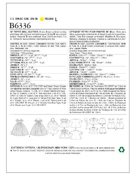 Patron Butterick 6336/OSZ - Vêtement retro pour poupée de 46cm