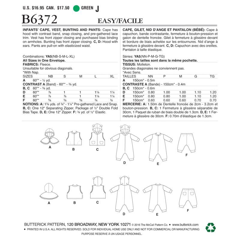 Patron Butterick 6372/YA5 - Cape, gilet, nid d'ange et pantalon pour bébé