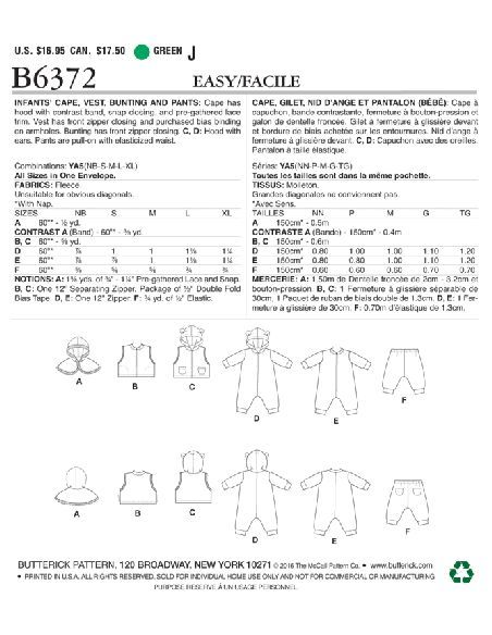 Patron Butterick 6372/YA5 - Cape, gilet, nid d'ange et pantalon pour bébé