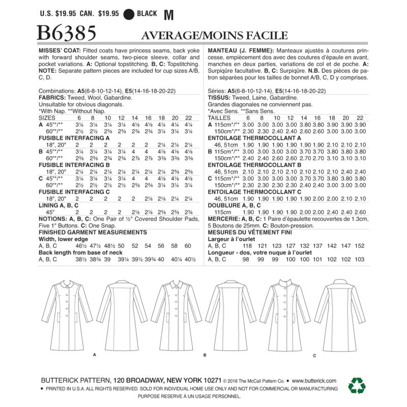 Patron Butterick 6385/A5 - Manteau
