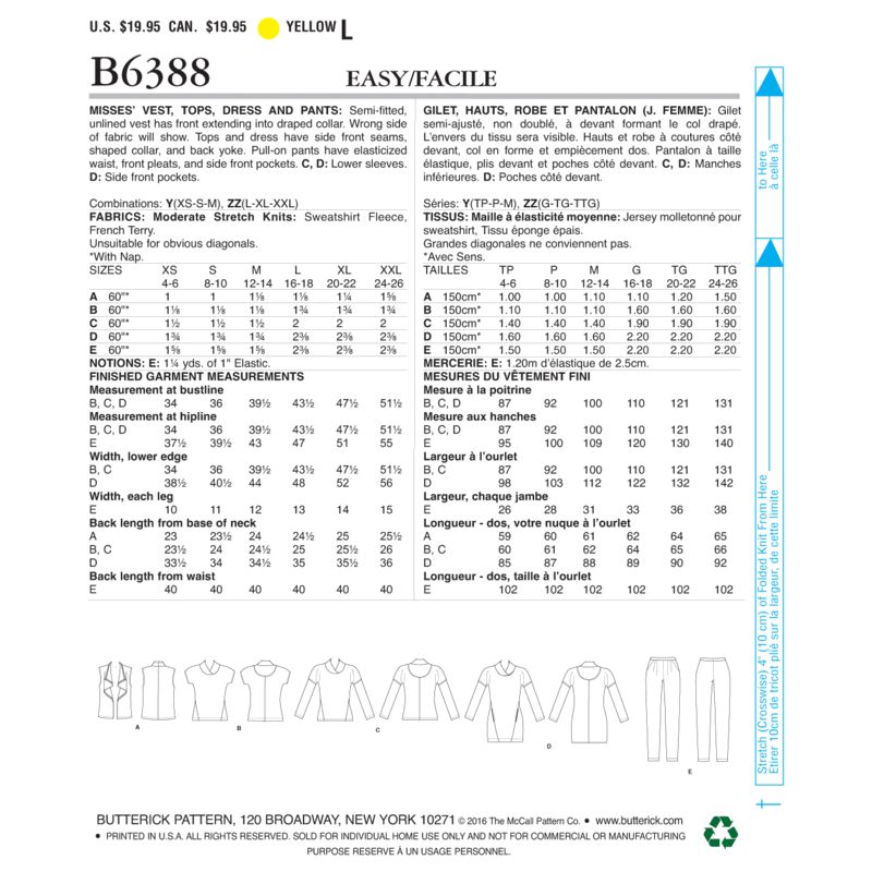 Patron Butterick 6388/Y - Gilet, hauts, robe et pantalon