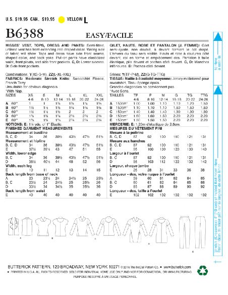 Patron Butterick 6388/Y - Gilet, hauts, robe et pantalon