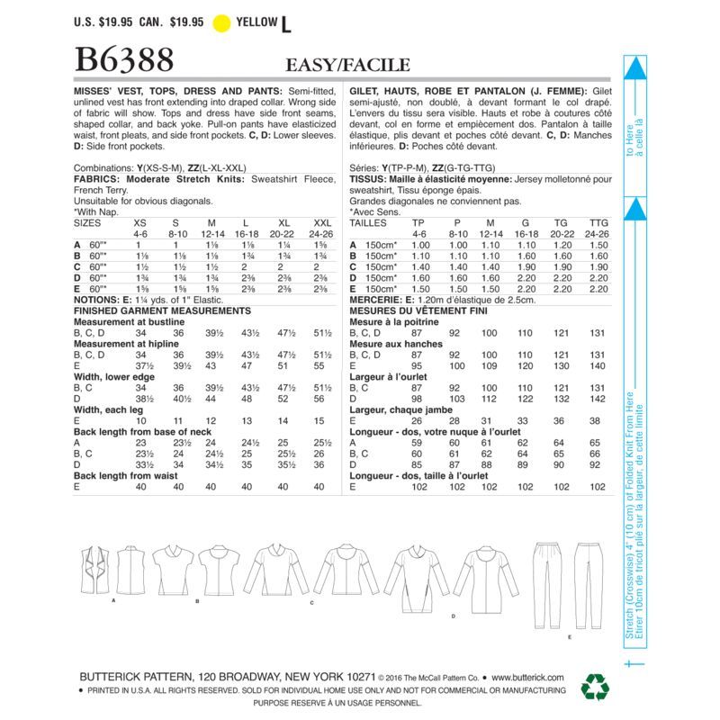 Patron Butterick 6388/Y - Gilet, hauts, robe et pantalon