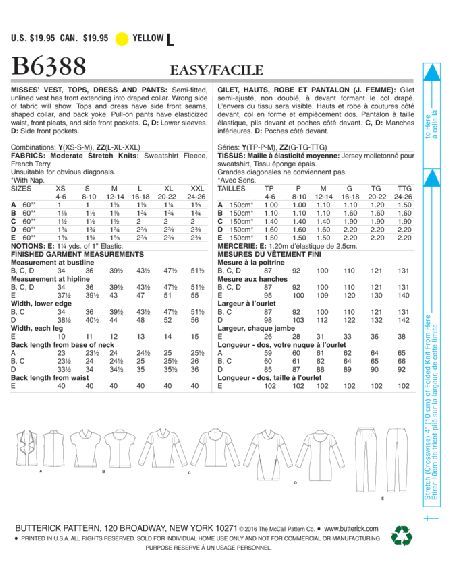 Patron Butterick 6388/Y - Gilet, hauts, robe et pantalon