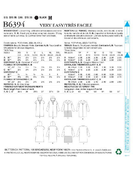 Patron Butterick 6394/Y - Manteau