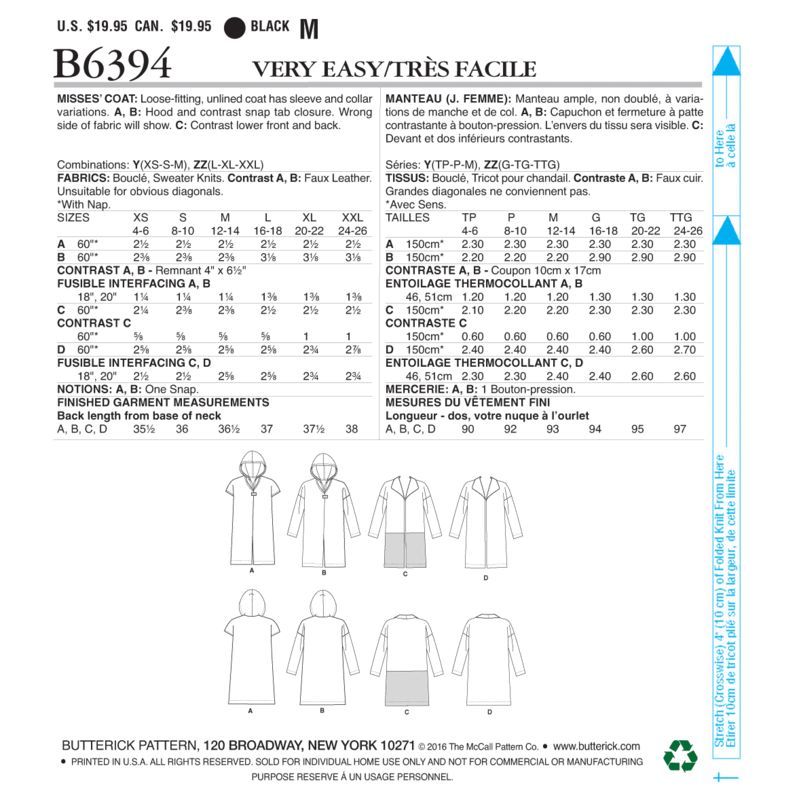 Patron Butterick 6394/Y - Manteau