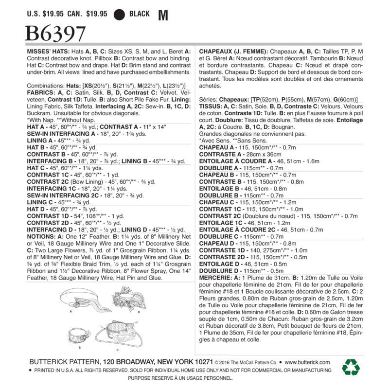 Patron Butterick 6397/OSZ - Chapeaux