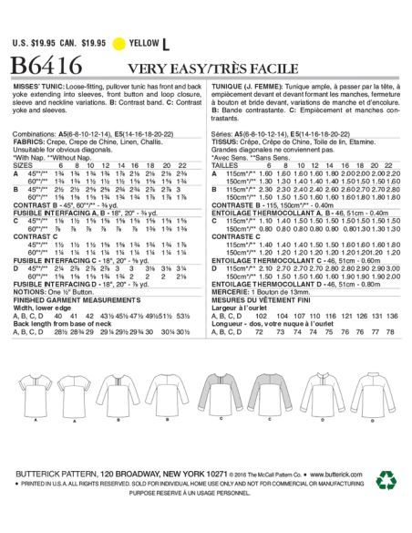 Patron Butterick 6416/A5 - Tunique
