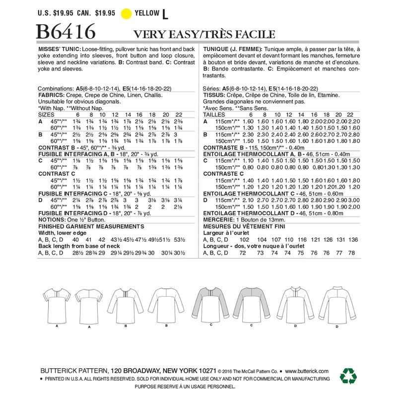 Patron Butterick 6416/A5 - Tunique