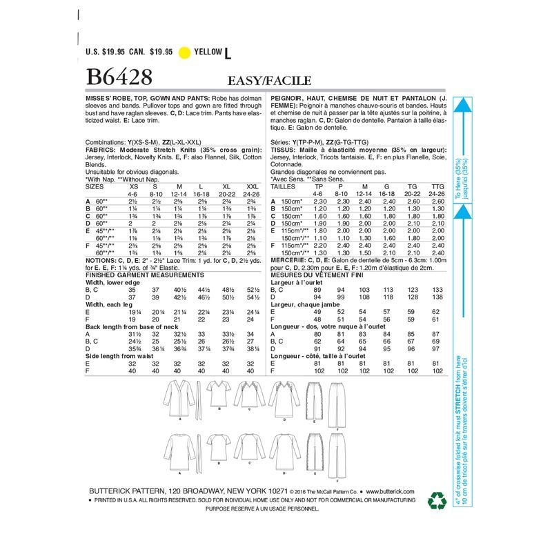 Patron Butterick 6428/Y - Peignoir, haut, chemise de nuit et pantalon