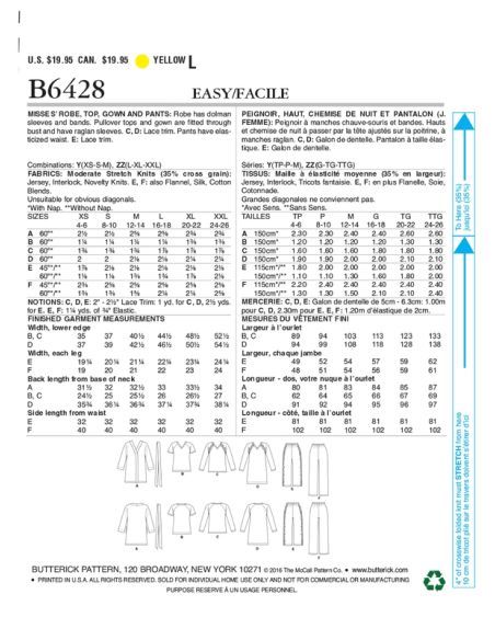 Patron Butterick 6428/Y - Peignoir, haut, chemise de nuit et pantalon