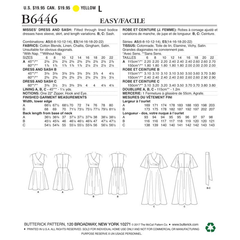 Patron Butterick 6446/A5 - Robe et ceinture