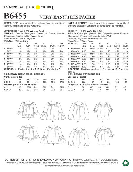Patron Butterick 6455/Y - Haut
