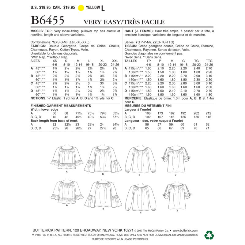 Patron Butterick 6455/Y - Haut