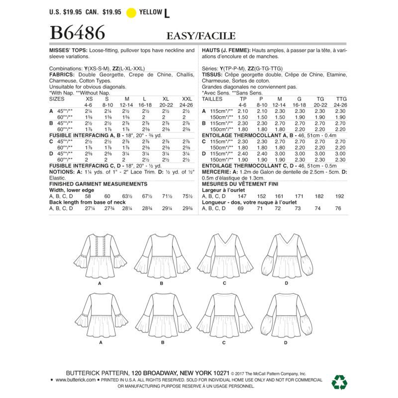 Patron Butterick 6486/Y - Hauts