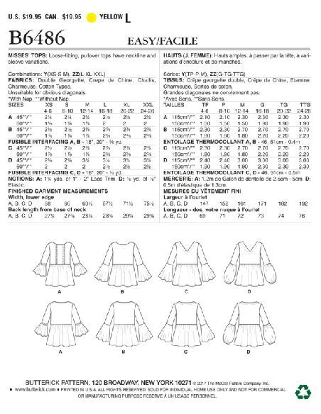 Patron Butterick 6486/Y - Hauts